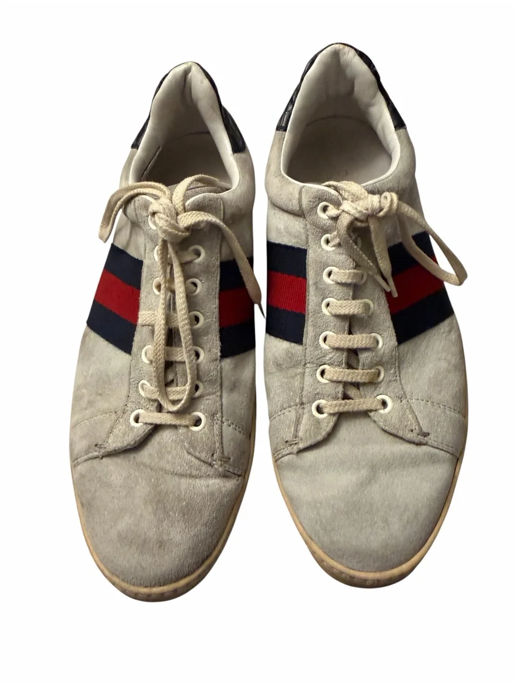 Gucci Beige Suede Sneakers with Red & Navy Web Stripe,pre-owned,SZ 8